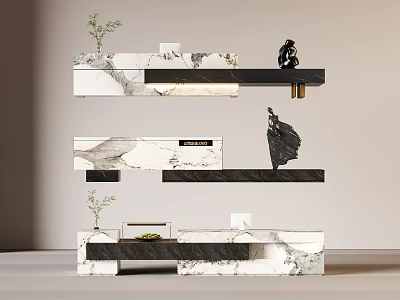 Sleek Reception Desks with Marble Countertops Black Stands and Decorations Like Small Potted Plants Sculptures 3d model
