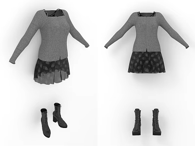 Long Sleeve Gray Knit Top With Polka Dot Skirt And Black Boots Outfit 3d model