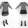 Long Sleeve Gray Knit Top With Polka Dot Skirt And Black Boots Outfit