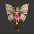 Fairy With Colorful Wings And Peacock Feather Patterns Wearing Crown Pink Dress Long Golden Hair