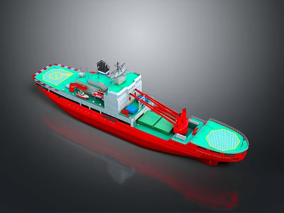 3D Model of Red and Green Work Vessel with Crane and Deck Structure 3d model