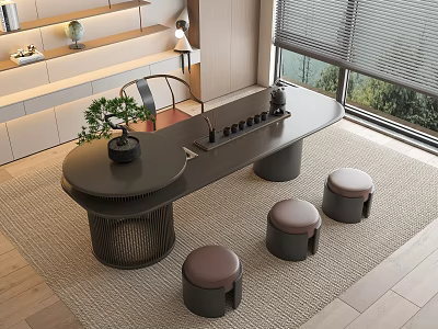 Modern Home Interior With Tea Table Set Stools Tea Set Potted Plant And Window View 3d model