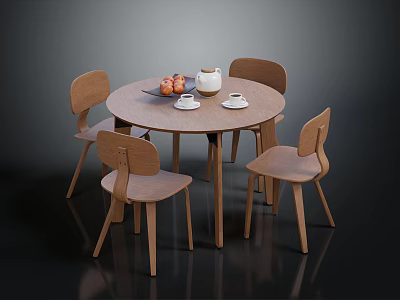 Round Wooden Dining Table Set With Four Matching Chairs And Tableware 3d model