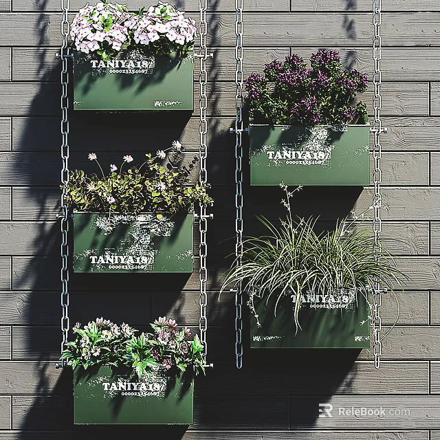 TANITAX Wall Mounted Planters With Potted Bonsai Green Purple Plants On Gray Brick Wall Chains 3d model 