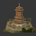 Ancient Chinese Multi Tiered Pagoda With Red Architecture Golden Spire Curved Eaves And Stone Base