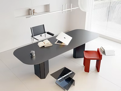 Modern Black Desk with Open Book Laptop Chair Red Stool and White Window Blinds 3d model