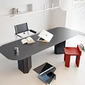 Modern Black Desk with Open Book Laptop Chair Red Stool and White Window Blinds