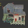 Cartoon Scene with Blue Wooden House Staircase Red Vintage Truck Coca-Cola Sign and Wooden Platform