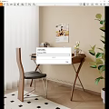 Wooden Desk Setup in Room Corner with Metallic Lamp Vase and Green Plant