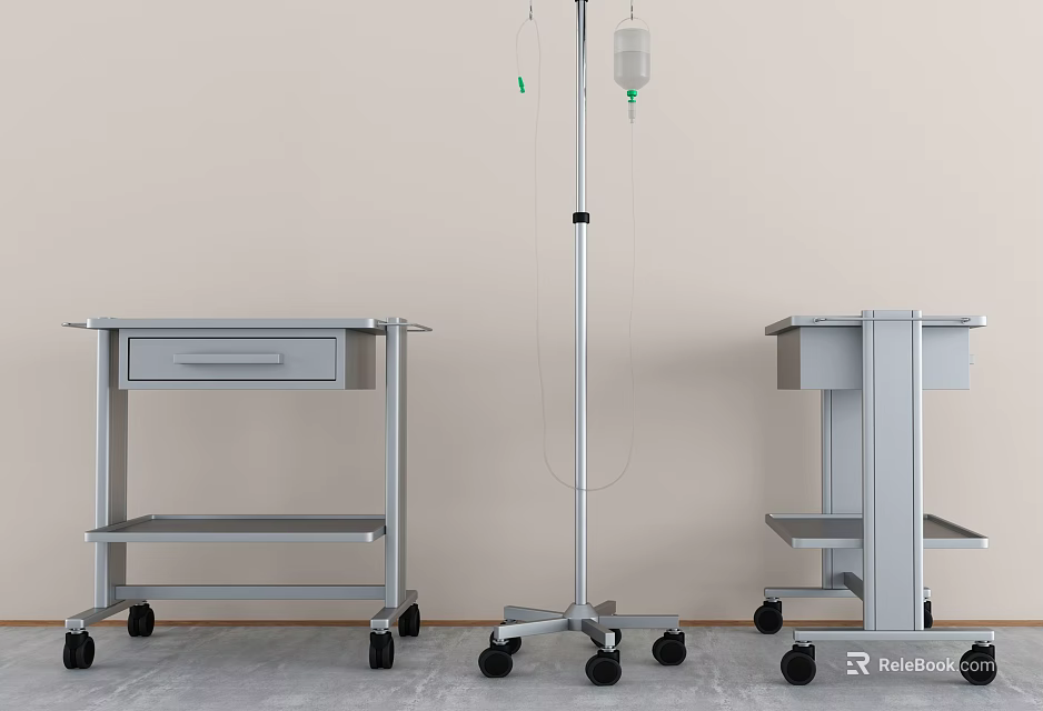 Mobile Medical Devices Set with IV Stand and Carts Featuring Wheels for Hospital Use 3d model 