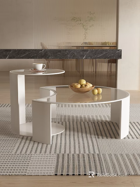 Modern Coffee Tables Interior With Glass Top White Frame Cup Wooden Bowl And Fruits 3d model 