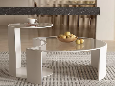 Modern Coffee Tables Interior With Glass Top White Frame Cup Wooden Bowl And Fruits 3d model