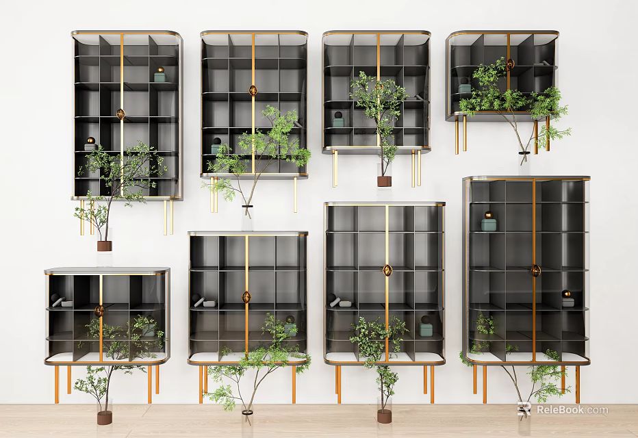 Modern Display Cabinets With Gold Metal Frames Featuring Green Plants And Open Shelves 3d model