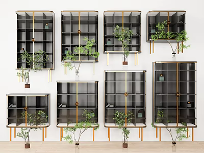 Modern Display Cabinets With Gold Metal Frames Featuring Green Plants And Open Shelves 3d model