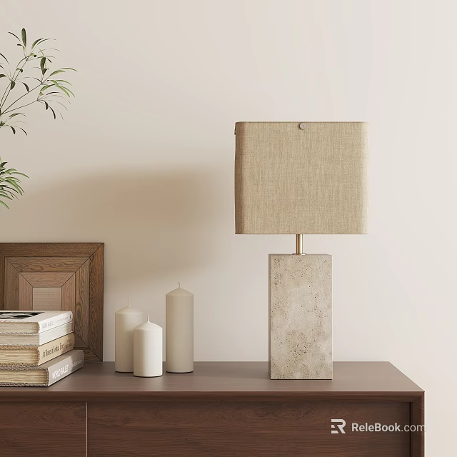 Textured Base Table Lamp With Linen Shade On Wooden Table Near Books And Candles 3d model 