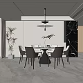 Modern Restaurant Interior Featuring Round Dining Table Gray Chairs Pendant Light Marble Wall And Plant