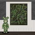 Modern Abstract Painting with Green Patterns and Decorative Bearbrick Figure in Room
