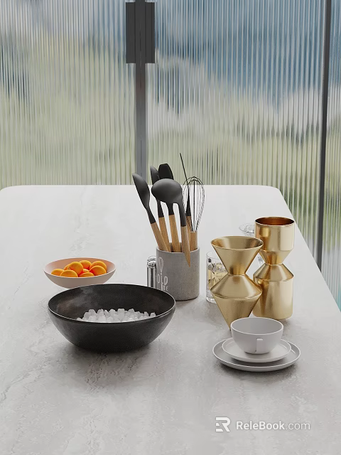 Modern Kitchen Countertop With Black Salt Bowl Wooden Handle Utensils And Golden Measuring Cups 3d model 