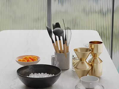 Modern Kitchen Countertop With Black Salt Bowl Wooden Handle Utensils And Golden Measuring Cups 3d model