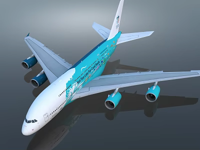 Modern Passenger Airplane In Blue Livery With Decorative Patterns And Four Engines 3d model
