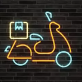 Motorcycle Themed Decorative Neon Lights on Black Brick Wall with Purple Orange Yellow Pink Hues