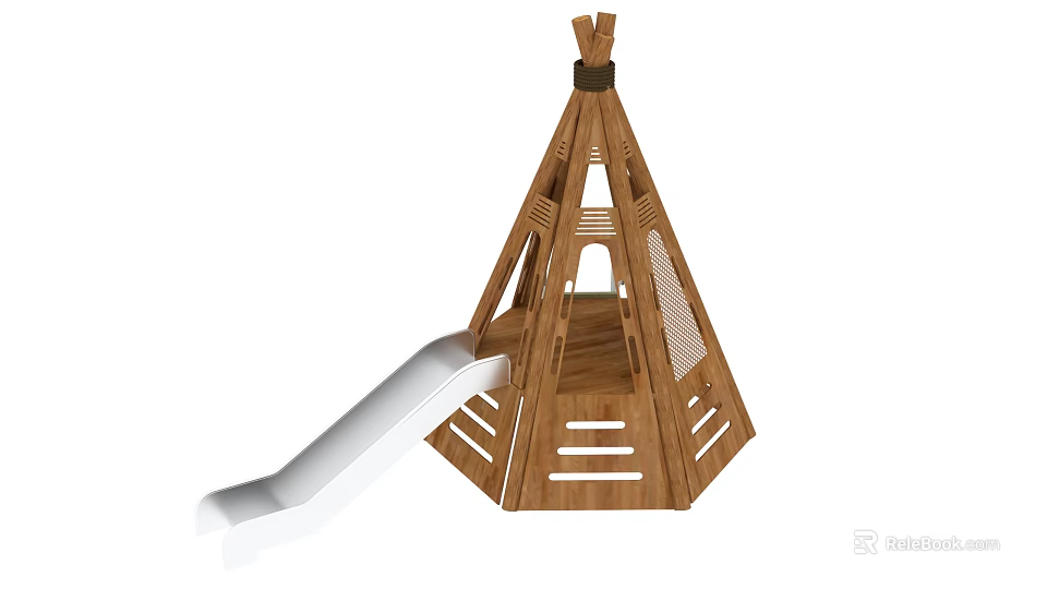 Wooden Teepee Shaped Play Equipment With Slide 3d model
