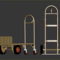 Golden Hand Trucks With Red Wheels On Shiny Black Reflective Surface