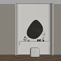Modern White Dressing Table With Oval Mirror Drawer Stool Skincare Products And Green Plant