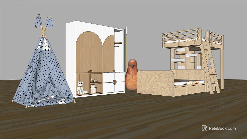 Kids Room Bunk Bed Setup With Wardrobe Storage Cabinets Bookshelf And Stuffed Toy 3d model 