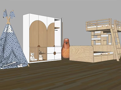 Kids Room Bunk Bed Setup With Wardrobe Storage Cabinets Bookshelf And Stuffed Toy 3d model