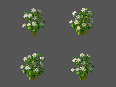 Cartoon Style Plants With Green Leaves Small White Flowers And Yellow Centers 3d model