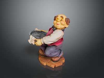 Decorative Household Figurine Red Vest White Shirt Holding Tray With Cloth On Wooden Base 3d model