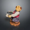 Decorative Household Figurine Red Vest White Shirt Holding Tray With Cloth On Wooden Base