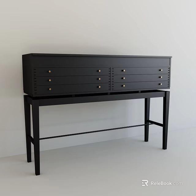 Black Console Cabinet With Multiple Drawers On Black Stand Against White Wall And Light Floor 3d model 