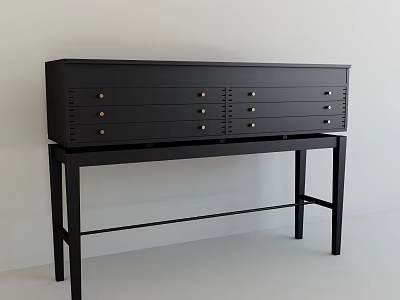Black Console Cabinet With Multiple Drawers On Black Stand Against White Wall And Light Floor 3d model