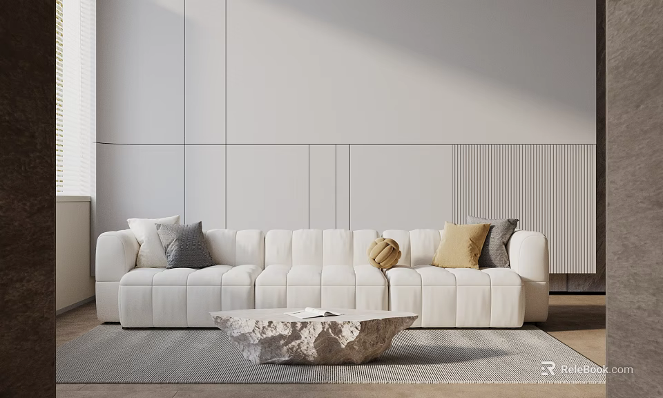 White Multi person Sofa With Colorful Cushions Stone Coffee Table And Area Rug 3d model 