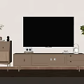 Modern Wooden TV Stand Design With Storage Drawers Glass Doors And Decorative Plants