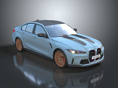 Light Blue Sports Car With Black Roof Stripes Gold Wheels And Sporty Design 3d model