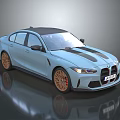 Light Blue Sports Car With Black Roof Stripes Gold Wheels And Sporty Design