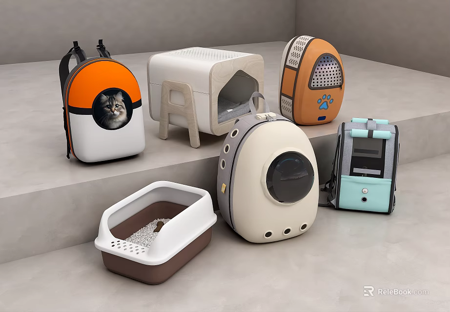 Pet Backpacks With Various Designs Including Round Window And Square Shapes In Different Colors 3d model 