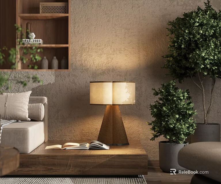 Wooden Table Lamp With Beige Shade On Coffee Table With Open Book In Living Room 3d model 