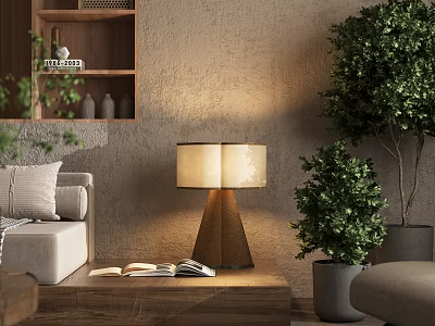Wooden Table Lamp With Beige Shade On Coffee Table With Open Book In Living Room 3d model
