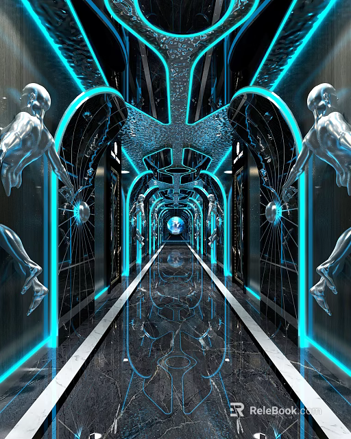 Futuristic Bar Interior Design With Neon Lights Metallic Decor Mirrored Floor And Sculptures 3d model 