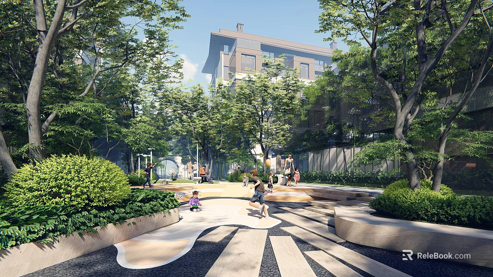 Serene Garden Landscape With Lush Trees Pathway And Seating Areas For Families 3d model 
