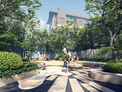 Serene Garden Landscape With Lush Trees Pathway And Seating Areas For Families 3d model