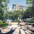 Serene Garden Landscape With Lush Trees Pathway And Seating Areas For Families