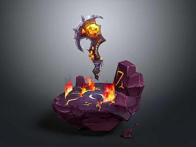 Sculpture Carving Featuring Glowing Axe Orange Yellow Elements Flames On Purple Rock Base Luminous Lines 3d model