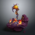 Sculpture Carving Featuring Glowing Axe Orange Yellow Elements Flames On Purple Rock Base Luminous Lines