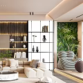 Modern Living Room Interior With Beige Sofa Coffee Table Bookshelf And Green Plants