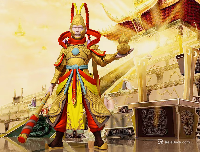 Legendary Game Movie Monkey Warrior Character With Golden Armor Red Accents Holding Golden Staff 3d model 